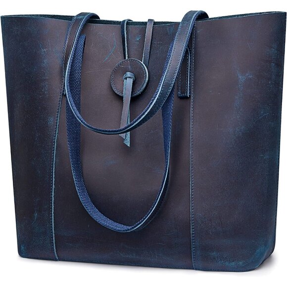 Dark Blue Vintage Leather Tote Bag - Chic Ladies Shoulder Purse Large Capacity